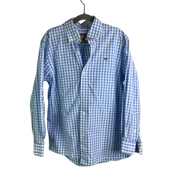 Vineyard Vines Button Down Shirt Boys Sz S 8-10 Light Blue Whale Shirt Gingham - Picture 1 of 8